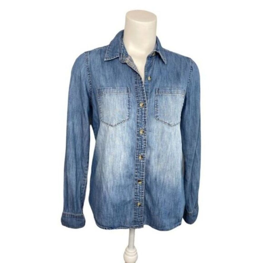 SO Juniors Medium Wash Blue Denim Chambray Long Sleeve‎ Cotton Top sz Small